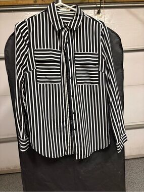 Promesa Black and White Vertical Stripe Button-Down Shirt